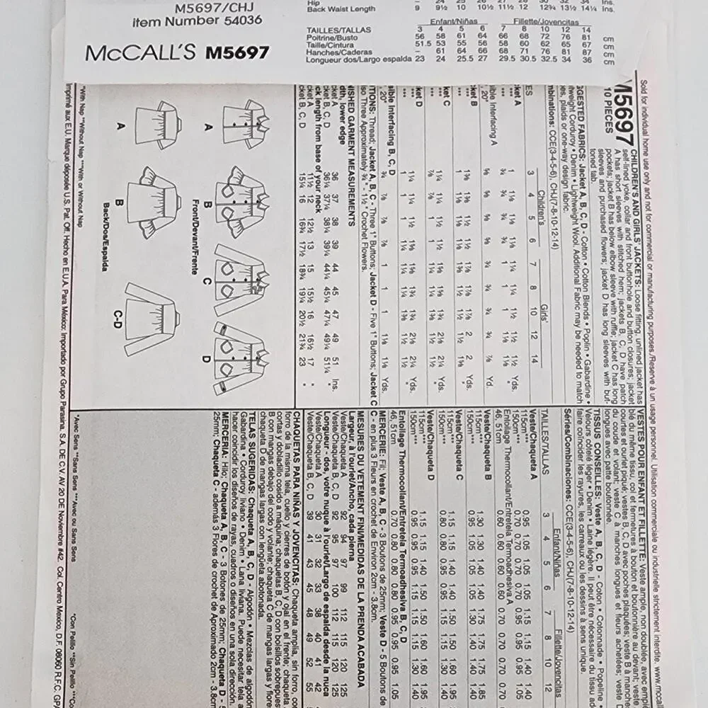 McCalls Sewing Pattern M5697 Girls Unlined Jacket Sz 7-8-10-12-14 Uncut
